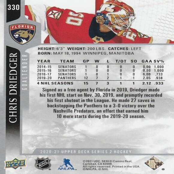Chris Driedger - 2020/2021 Upper Deck Series 2 Hockey Card - Picture 2 of 2